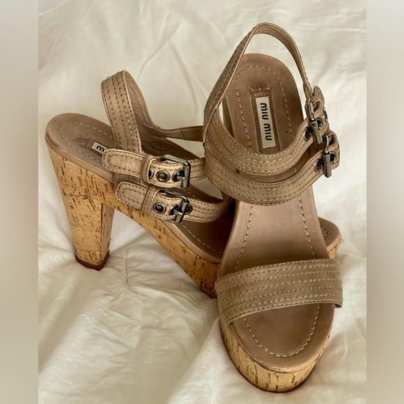 Miu Miu Shoes - miu miu Platform Sandal Double Ankle Leather Buckle Cork Block Heel